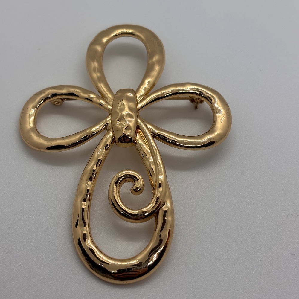 Vintage Gold Tone Cross Brooch Large Sculptural Ribbon Designer Pin - Picture 1 of 9